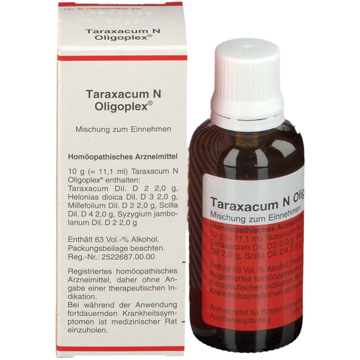 Braune Glasflasche und Verpackung. Aufschrift: Taraxacum N Oligoplex®. Homöopathisches Arzneimittel.