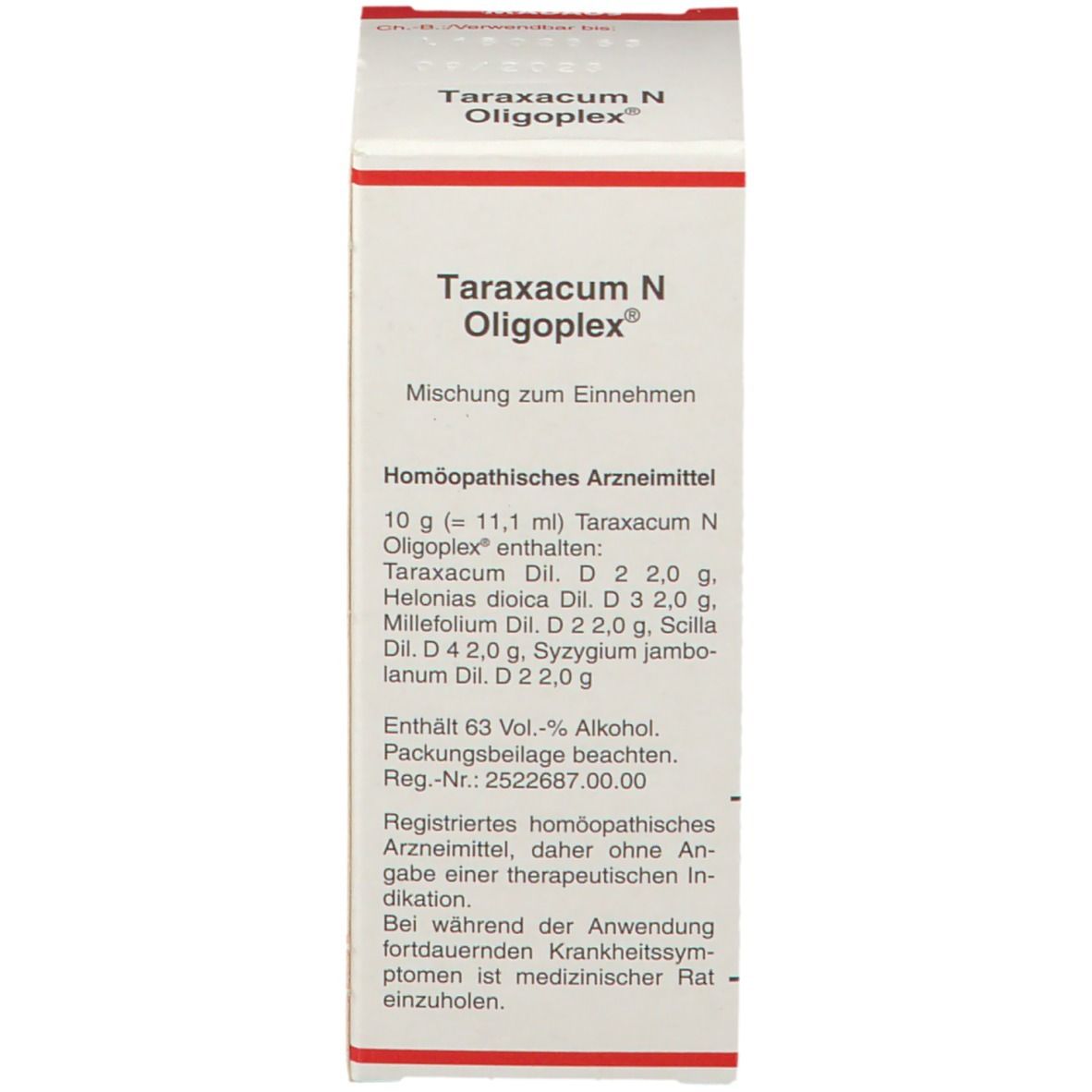 Verpackung mit Aufschrift: Taraxacum N Oligoplex®. Homöopathisches Arzneimittel. Text.