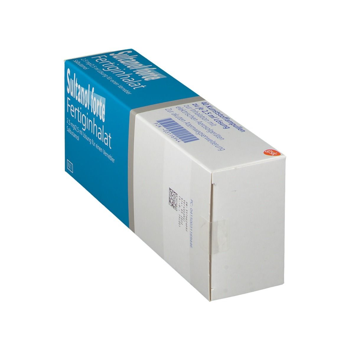 Schräg gestellte Verpackung von Sultanol forte Fertiginhalat. Blaue und weiße Schachtel. Text: 2,5 mg/2,5 ml Lösung.