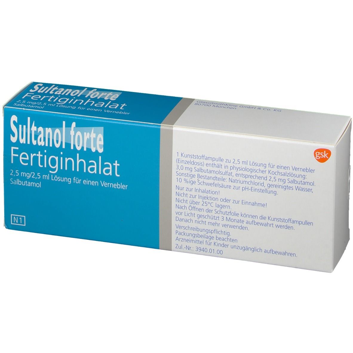 Karton Sultanol forte Fertiginhalat. Blaue und weiße Verpackung. Text: 2,5 mg/2,5 ml Lösung für einen Vernebler.
