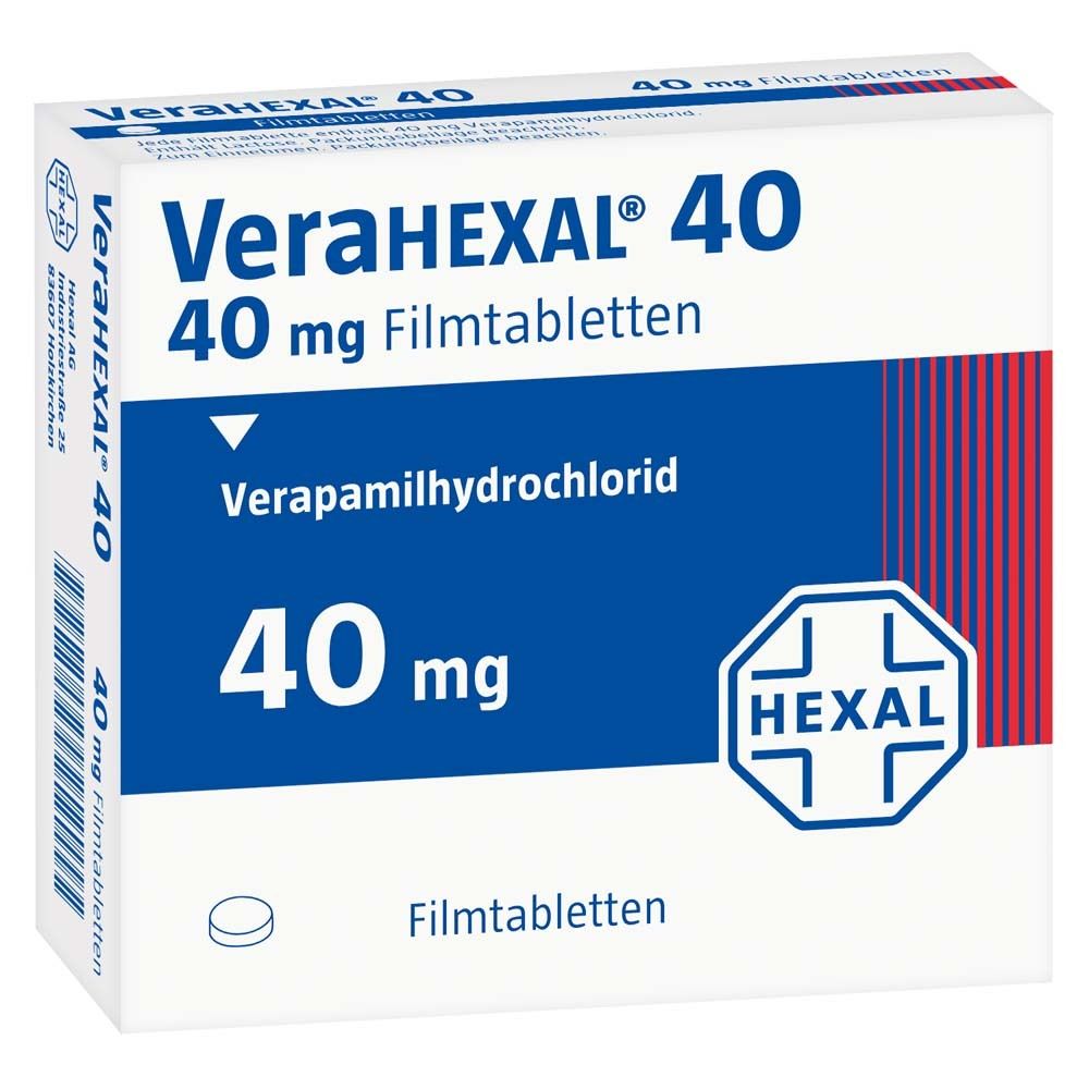 Schachtel mit VERAHEXAL 40 Filmtabletten. Blaue und weiße Verpackung mit Produktnamen und Dosierung.