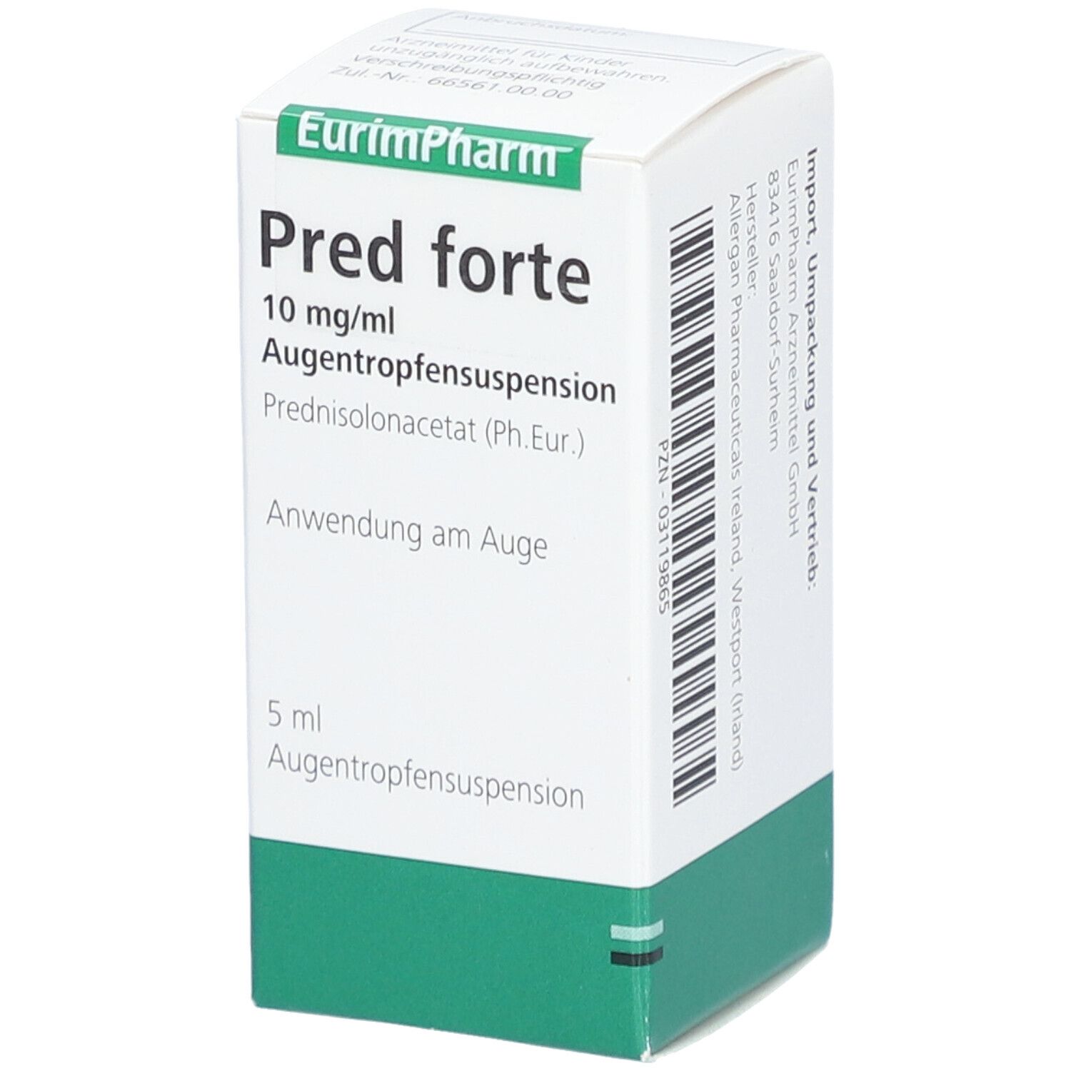 Weiße Faltschachtel mit grünen Akzenten. Aufschrift: Pred forte 10 mg/ml Augentropfensuspension. Hersteller EurimPharm.