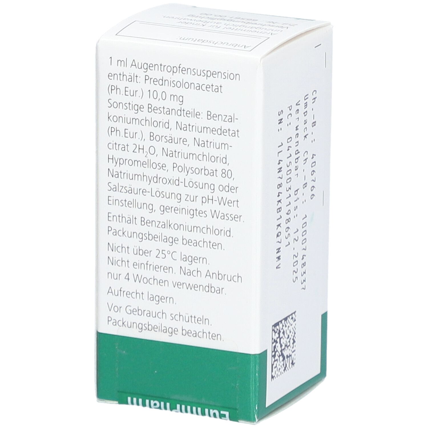 Weiße Faltschachtel, Detailansicht der Inhaltsstoffe und Anwendungshinweise. Hersteller EurimPharm.