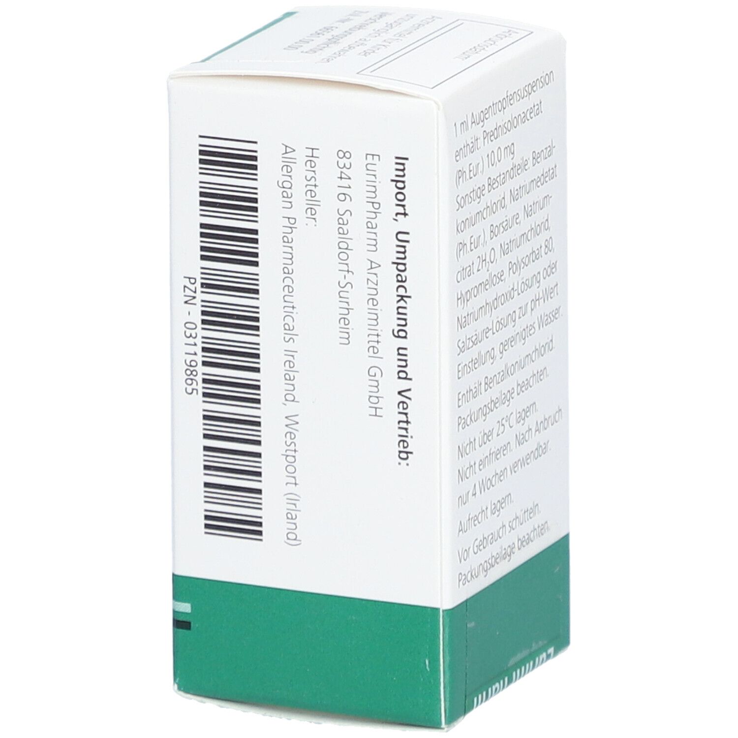 Weiße Faltschachtel, Seitenansicht mit Herstellerinformationen. Hersteller EurimPharm Arzneimittel GmbH.