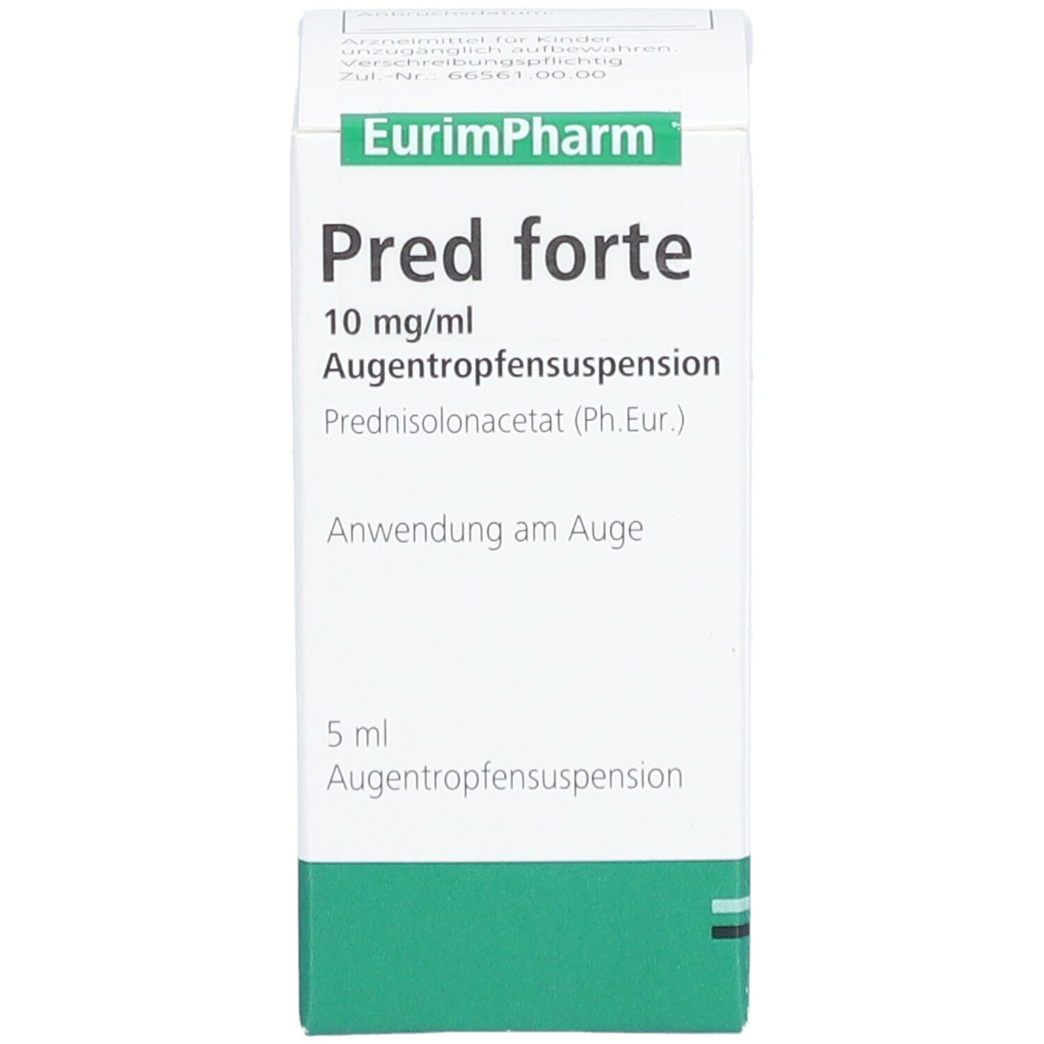 Weiße Faltschachtel mit grünen Akzenten. Aufschrift: Pred forte 10 mg/ml Augentropfensuspension. Hersteller EurimPharm.