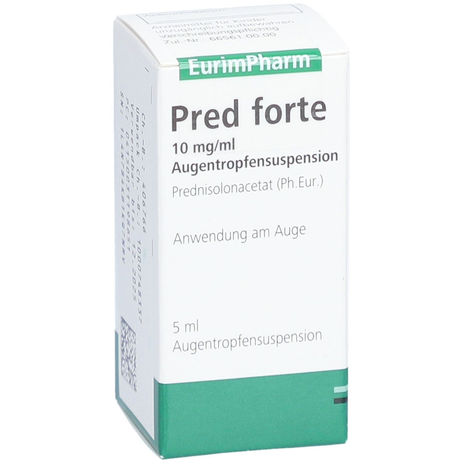 Weiße Faltschachtel mit grünen Akzenten. Aufschrift: Pred forte 10 mg/ml Augentropfensuspension. Hersteller EurimPharm.