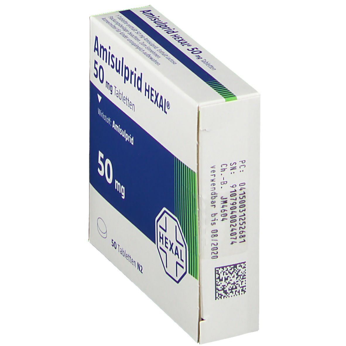 Schachtel Amisulprid HEXAL 50 mg Tabletten. Weiß, blau und grün. Aufschrift: 50 mg Tabletten, HEXAL Logo. Seitenansicht.