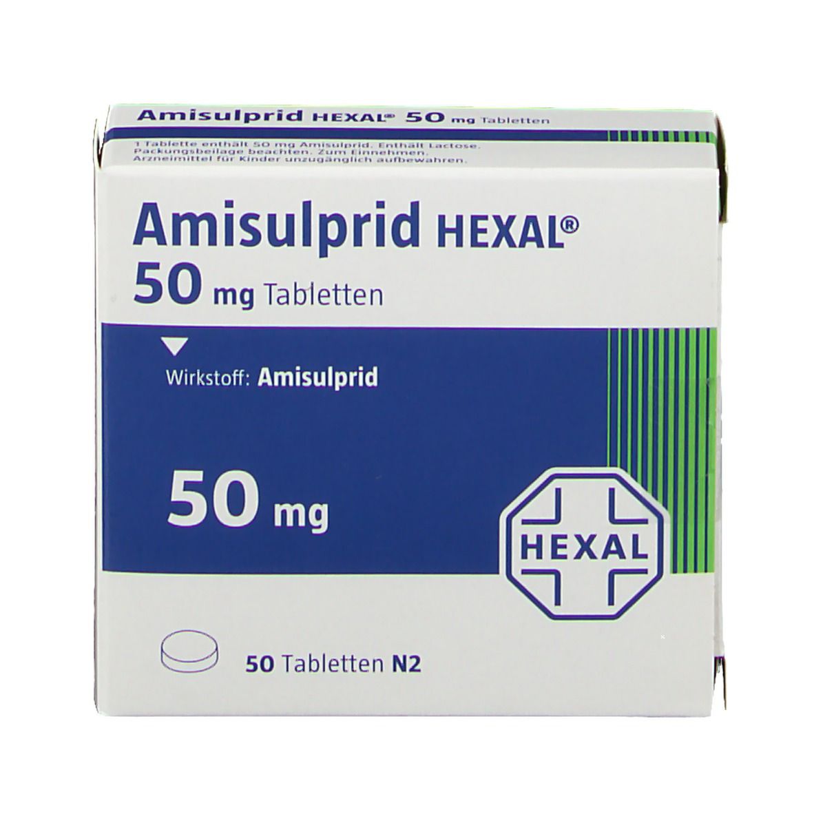 Schachtel Amisulprid HEXAL 50 mg Tabletten. Weiß, blau und grün. Aufschrift: 50 mg Tabletten, HEXAL Logo. Draufsicht.