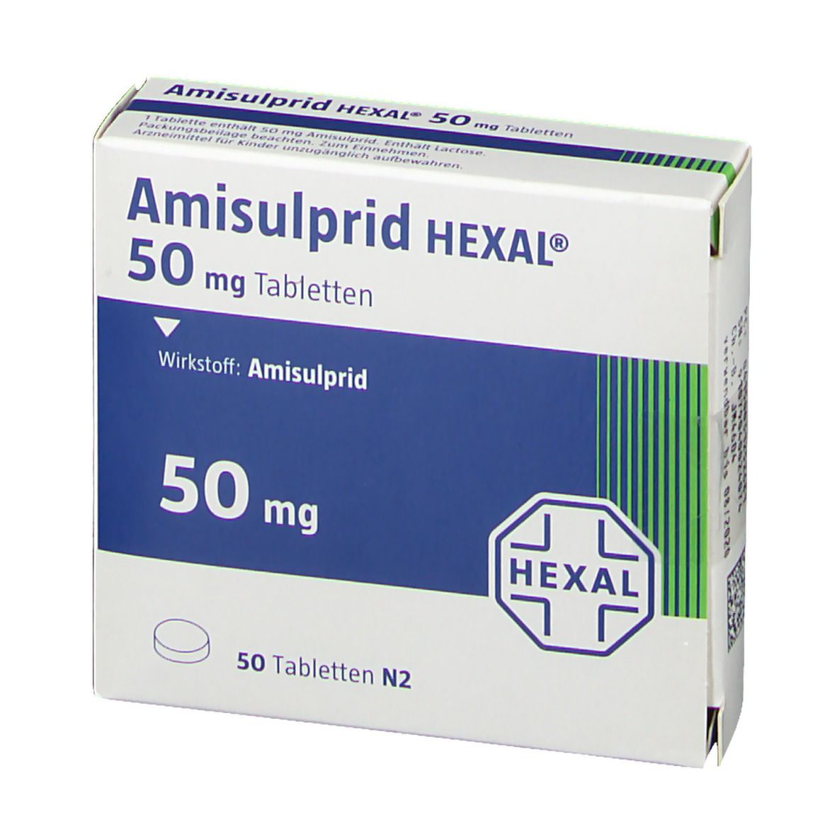 Schachtel Amisulprid HEXAL 50 mg Tabletten. Weiß, blau und grün. Aufschrift: 50 mg Tabletten, HEXAL Logo. Draufsicht.