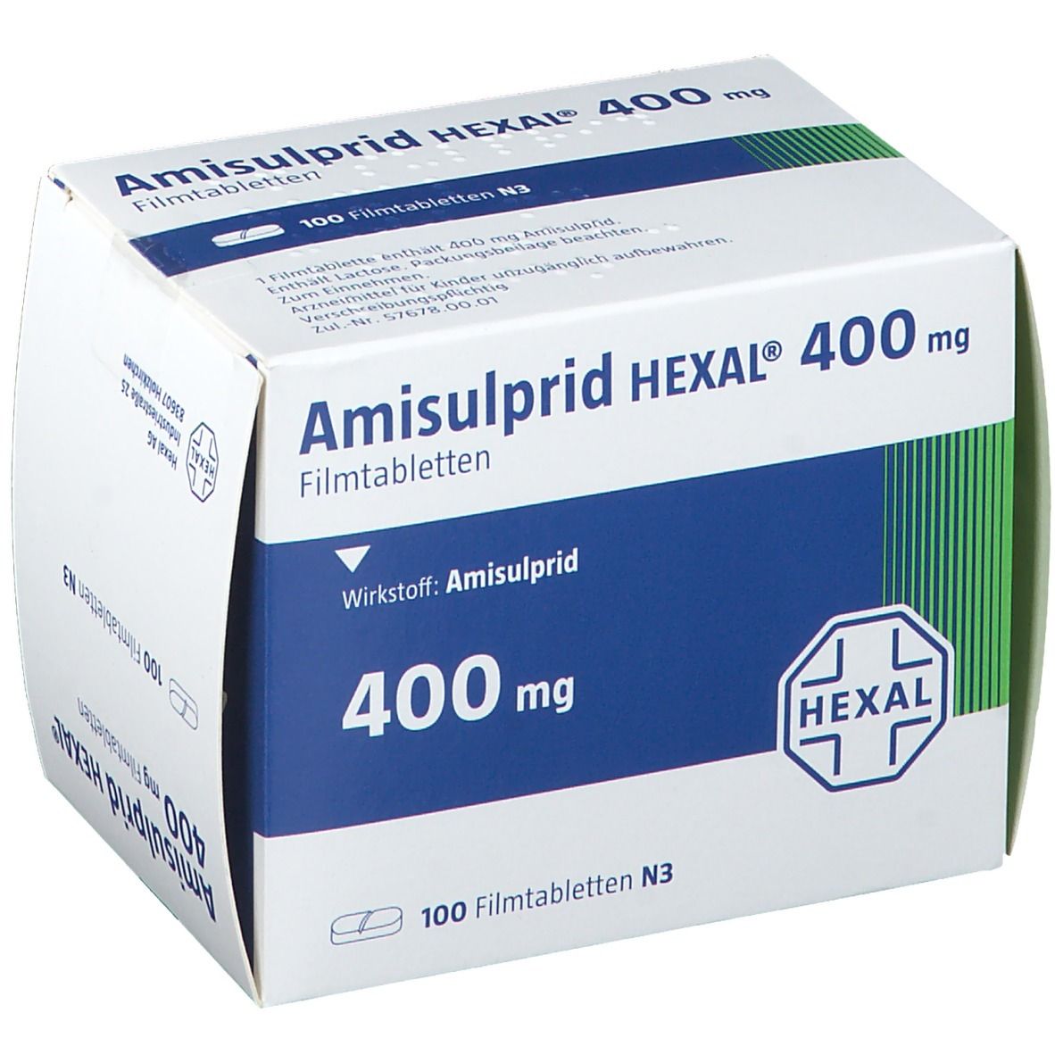 Schachtel mit AMISULPRID HEXAL 400 mg Filmtabletten. Aufdruck: 400 mg, 100 Filmtabletten. Logo HEXAL.