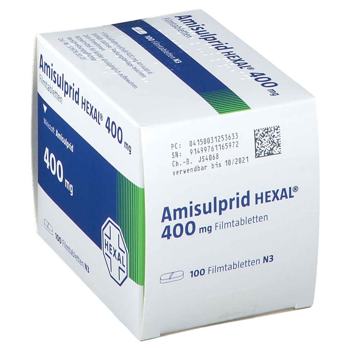Schachtel mit AMISULPRID HEXAL 400 mg Filmtabletten. Aufdruck: 400 mg, 100 Filmtabletten. Logo HEXAL. Barcode und Verfallsdatum.