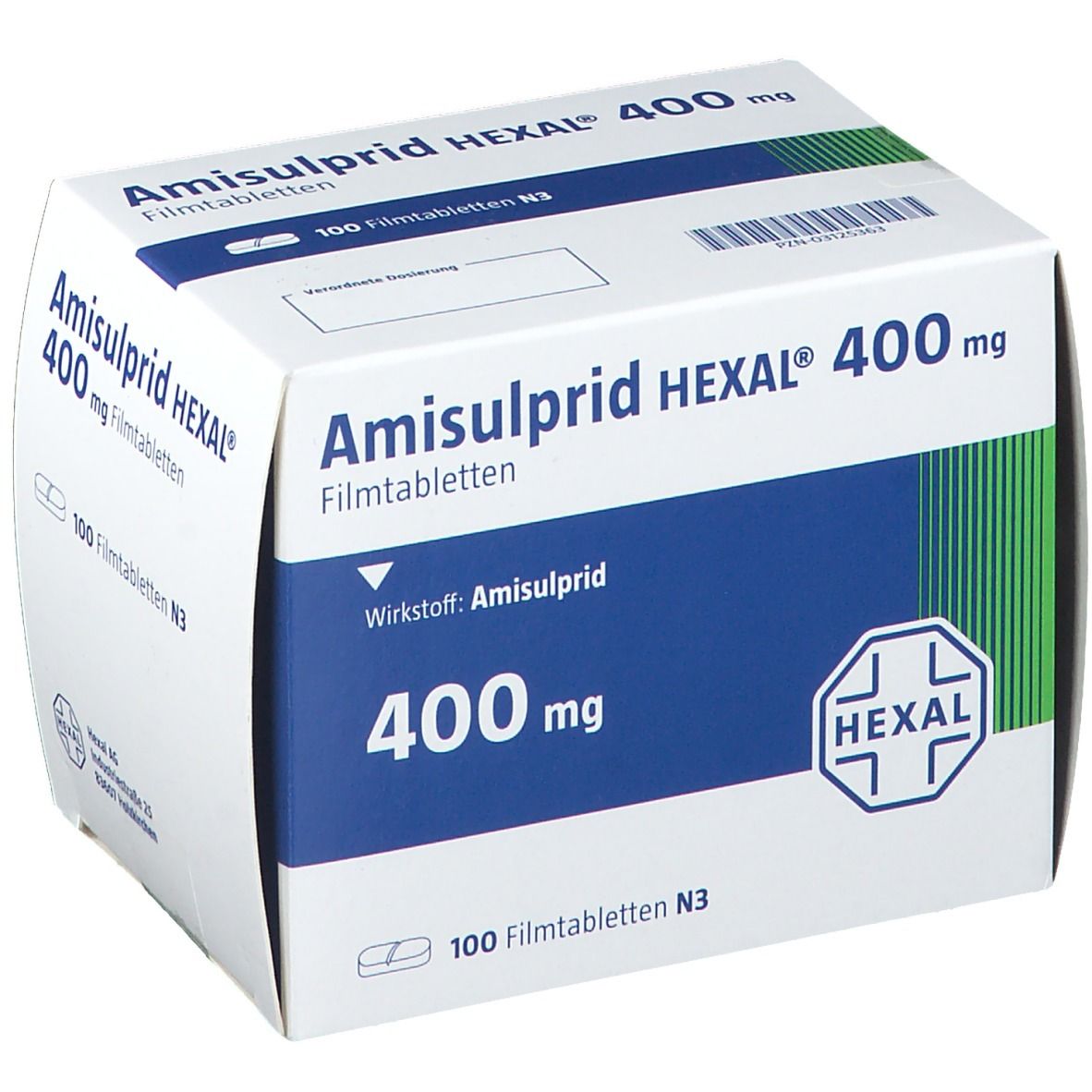 Schachtel mit AMISULPRID HEXAL 400 mg Filmtabletten. Aufdruck: 400 mg, 100 Filmtabletten. Logo HEXAL. Wirkstoff: Amisulprid.