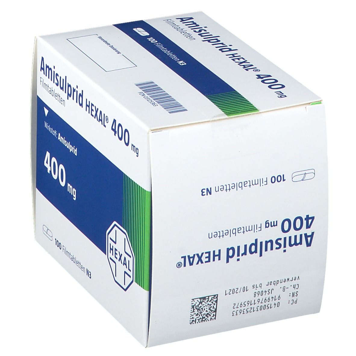 Schachtel mit AMISULPRID HEXAL 400 mg Filmtabletten. Aufdruck: 400 mg, 100 Filmtabletten. Logo HEXAL. Barcode und Verfallsdatum.