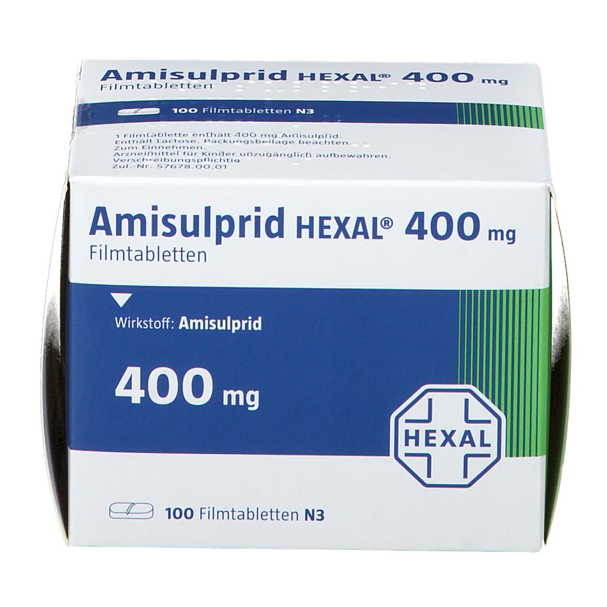 Schachtel mit AMISULPRID HEXAL 400 mg Filmtabletten. Aufdruck: 400 mg, 100 Filmtabletten. Logo HEXAL. Wirkstoff: Amisulprid.