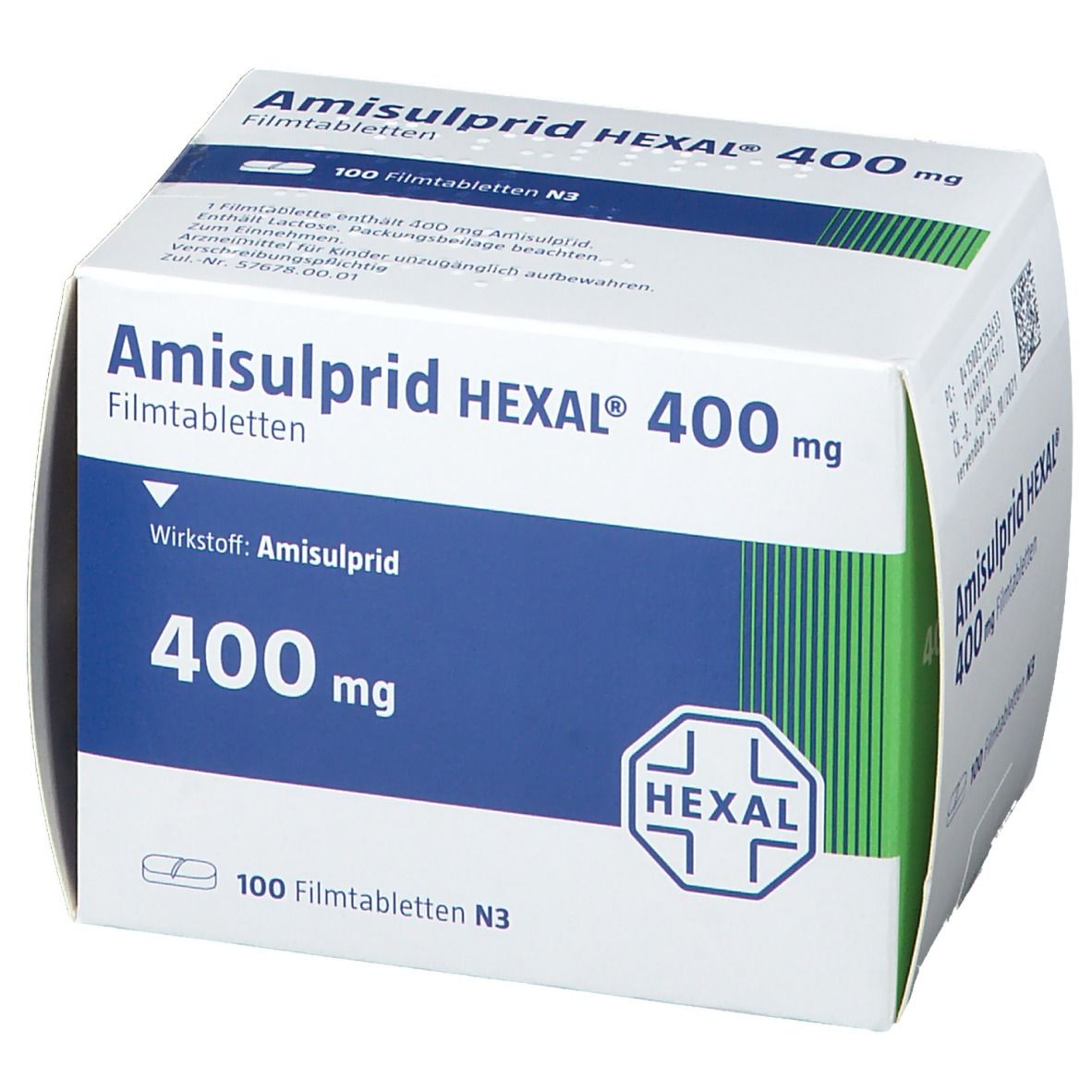 Schachtel mit AMISULPRID HEXAL 400 mg Filmtabletten. Aufdruck: 400 mg, 100 Filmtabletten. Logo HEXAL. Wirkstoff: Amisulprid.