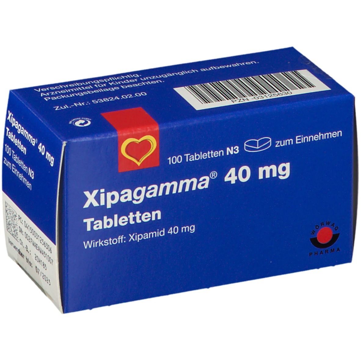Blaue Schachtel mit Xipagamma 40 mg Tabletten. Enthält 100 Tabletten. Roter Herz-Logo. Normag Pharma Logo.
