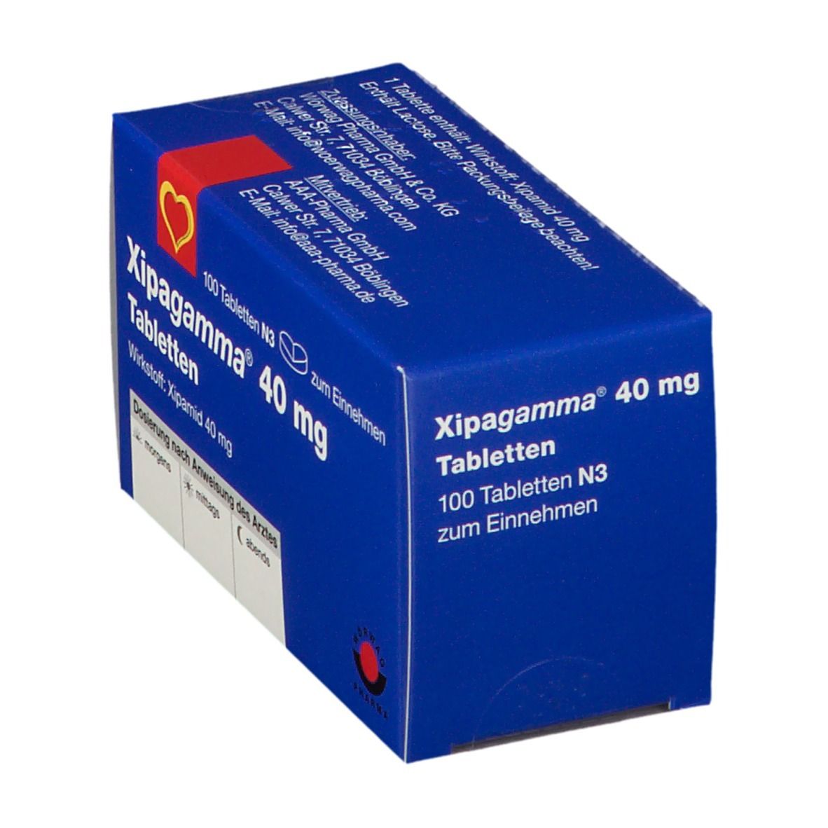 Blaue Schachtel mit Xipagamma 40 mg Tabletten, schräg. Enthält 100 Tabletten. Rotes Herz-Logo. Text.