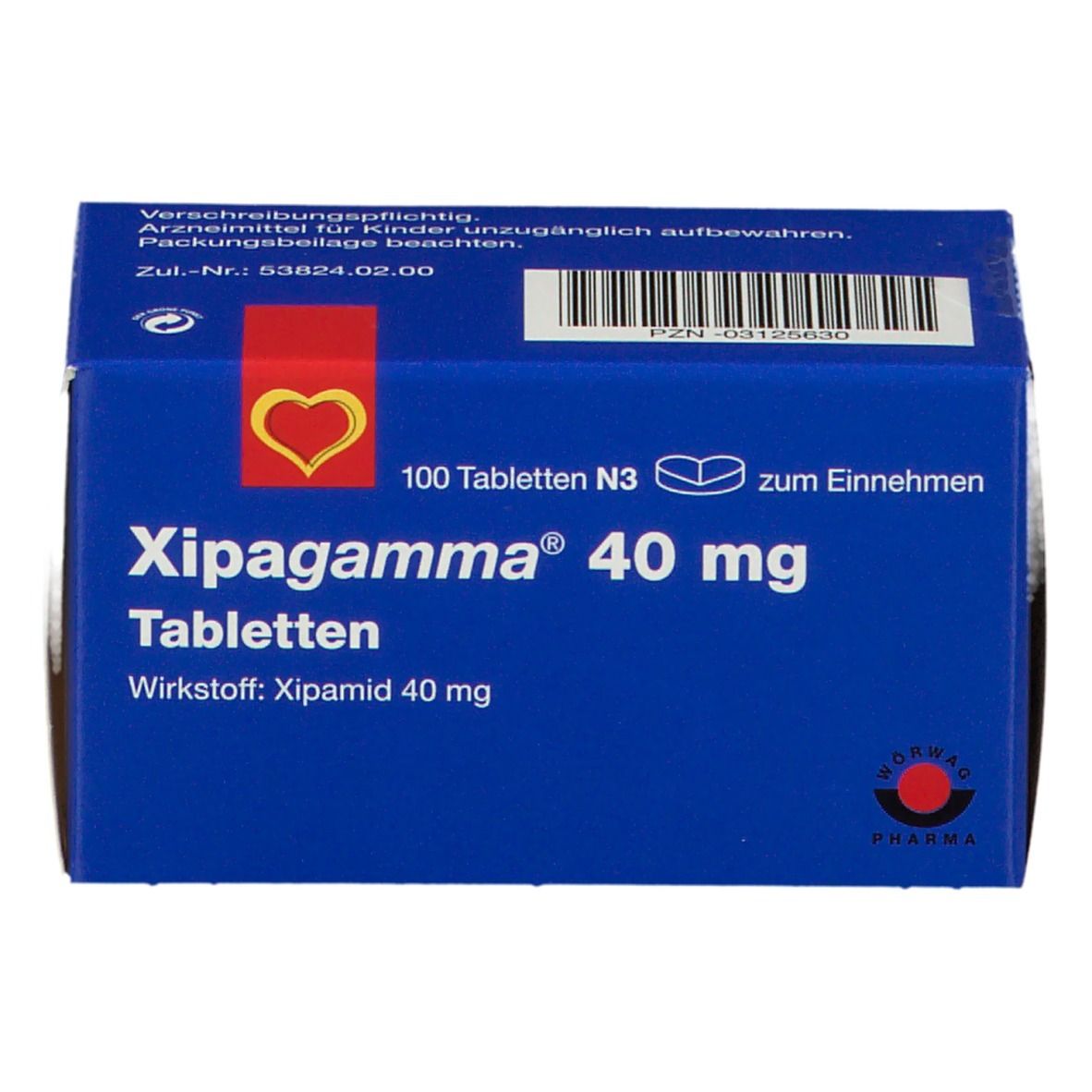 Blaue Schachtel mit Xipagamma 40 mg Tabletten. Enthält 100 Tabletten. Rotes Herz-Logo. Normag Pharma Logo.