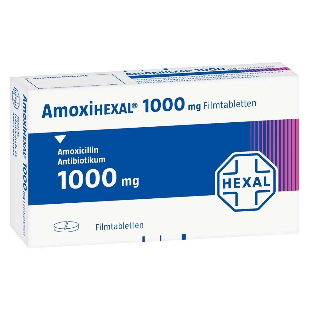 Schachtel AmoxiHEXAL 1000 mg Filmtabletten. Blaue und weiße Verpackung mit Produktinformationen und HEXAL Logo.