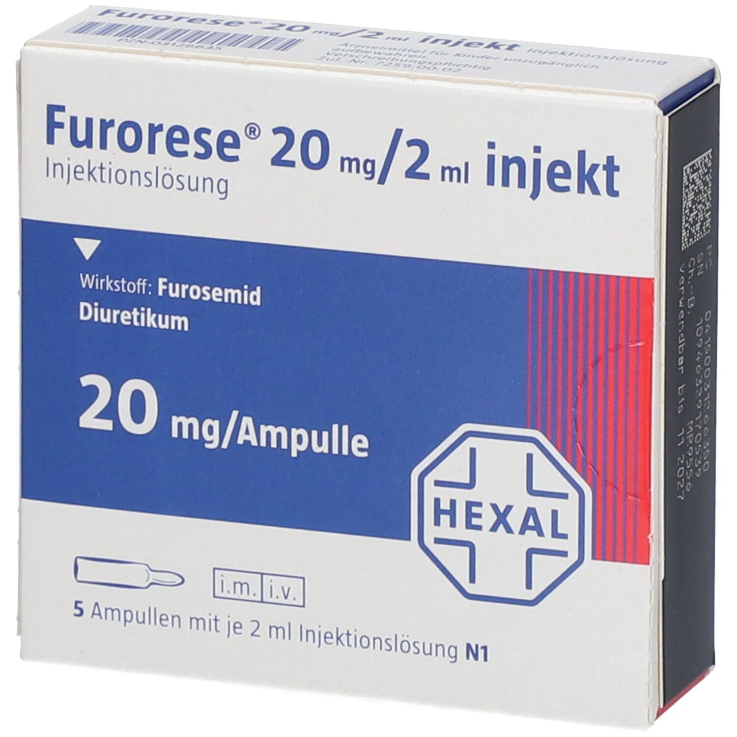 Packung mit FURORESE 20 mg/2 ml Injekt Ampullen. Enthält 5 Ampullen. Blaue und weiße Verpackung mit Produktinformationen und HEXAL-Logo.