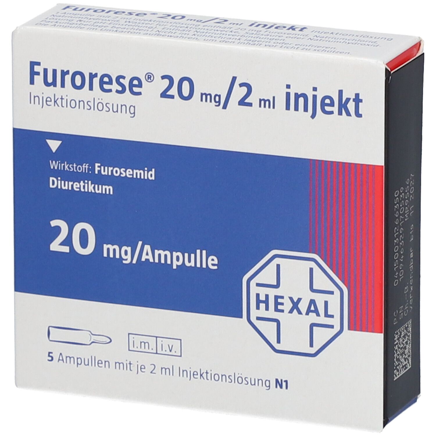 Packung mit FURORESE 20 mg/2 ml Injekt Ampullen. Enthält 5 Ampullen. Blaue und weiße Verpackung mit Produktinformationen und HEXAL-Logo.