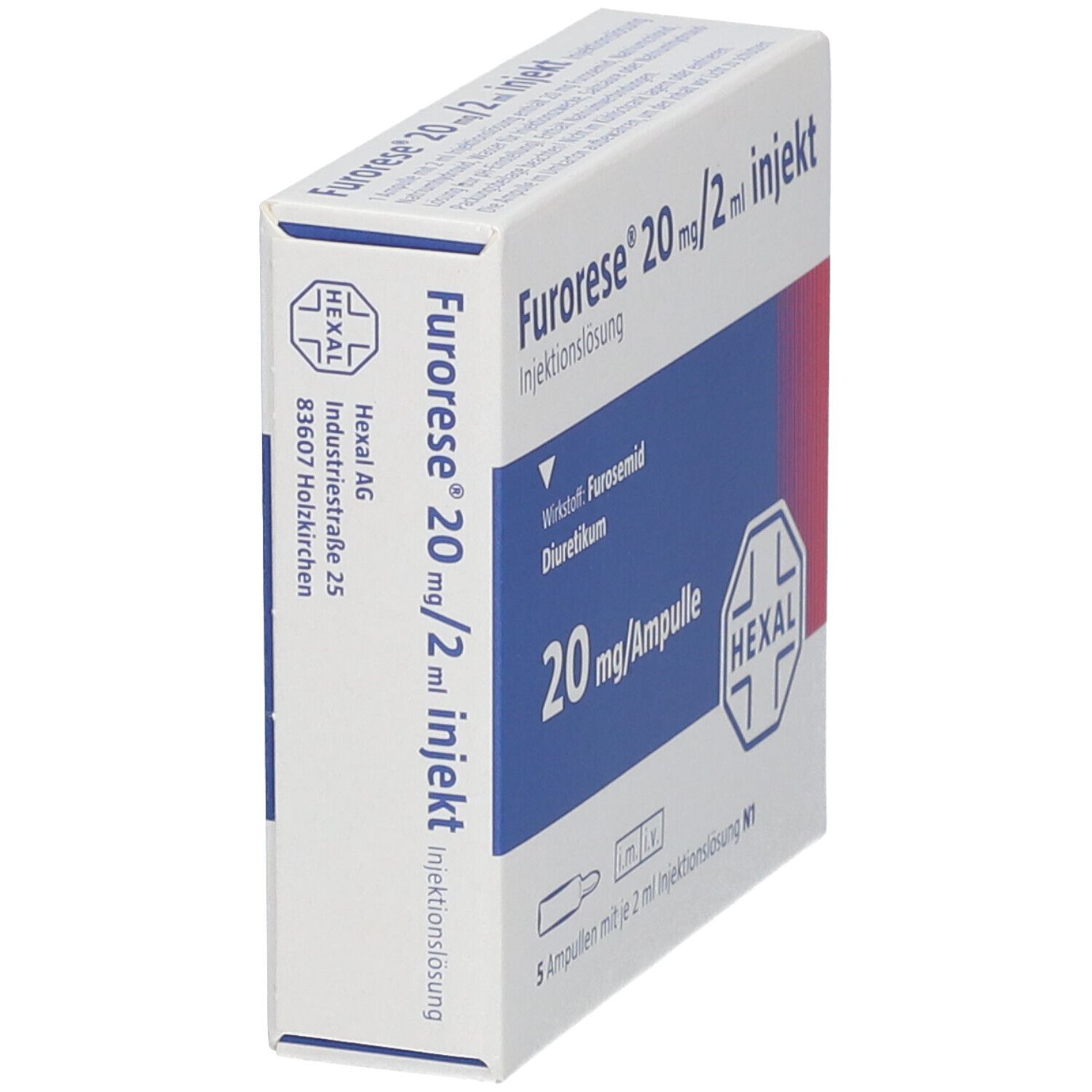 Schräg gestellte Packung FURORESE 20 mg/2 ml Injekt Ampullen. Enthält 5 Ampullen. Blaue und weiße Verpackung mit HEXAL-Logo.