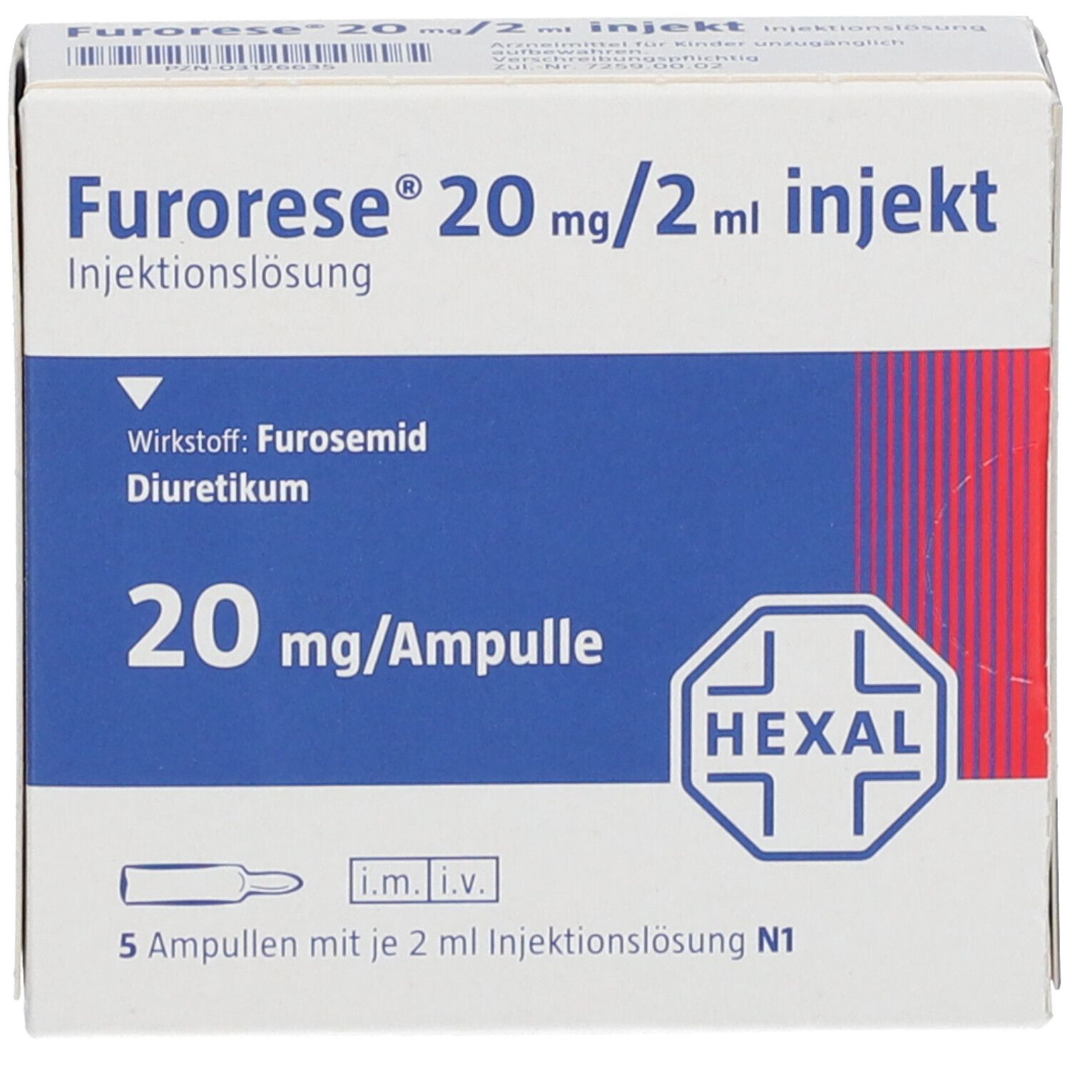 Packung mit FURORESE 20 mg/2 ml Injekt Ampullen. Enthält 5 Ampullen. Blaue und weiße Verpackung mit Produktinformationen und HEXAL-Logo.