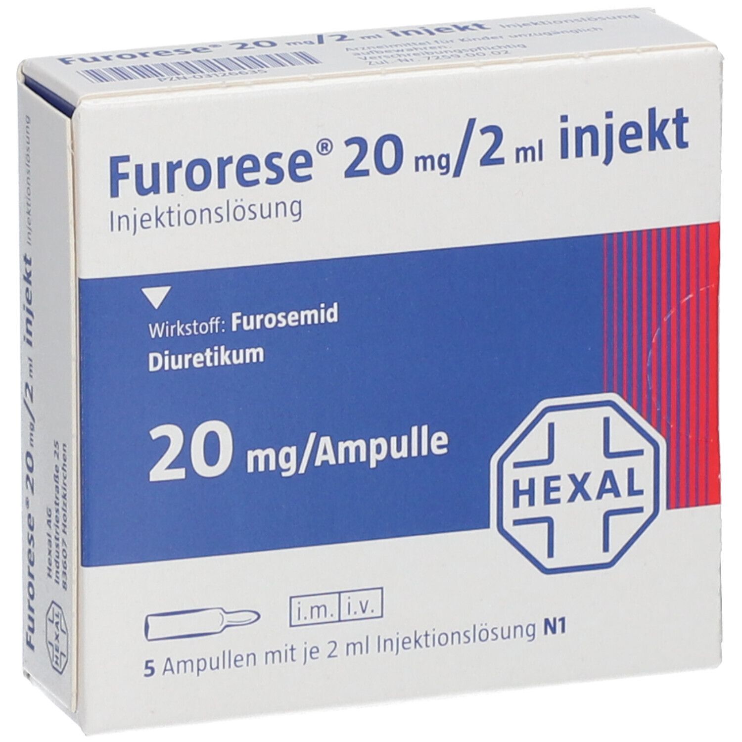 Packung mit FURORESE 20 mg/2 ml Injekt Ampullen. Enthält 5 Ampullen. Blaue und weiße Verpackung mit Produktinformationen und HEXAL-Logo.