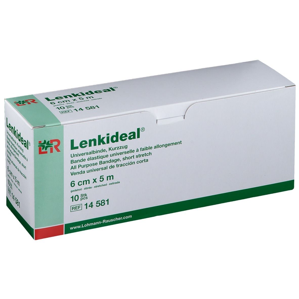 Verpackung von LENKIDEAL® Universalbinde. 6 cm x 5 m. Weißer Karton mit grünen Akzenten. Produktname und Maße deutlich sichtbar.