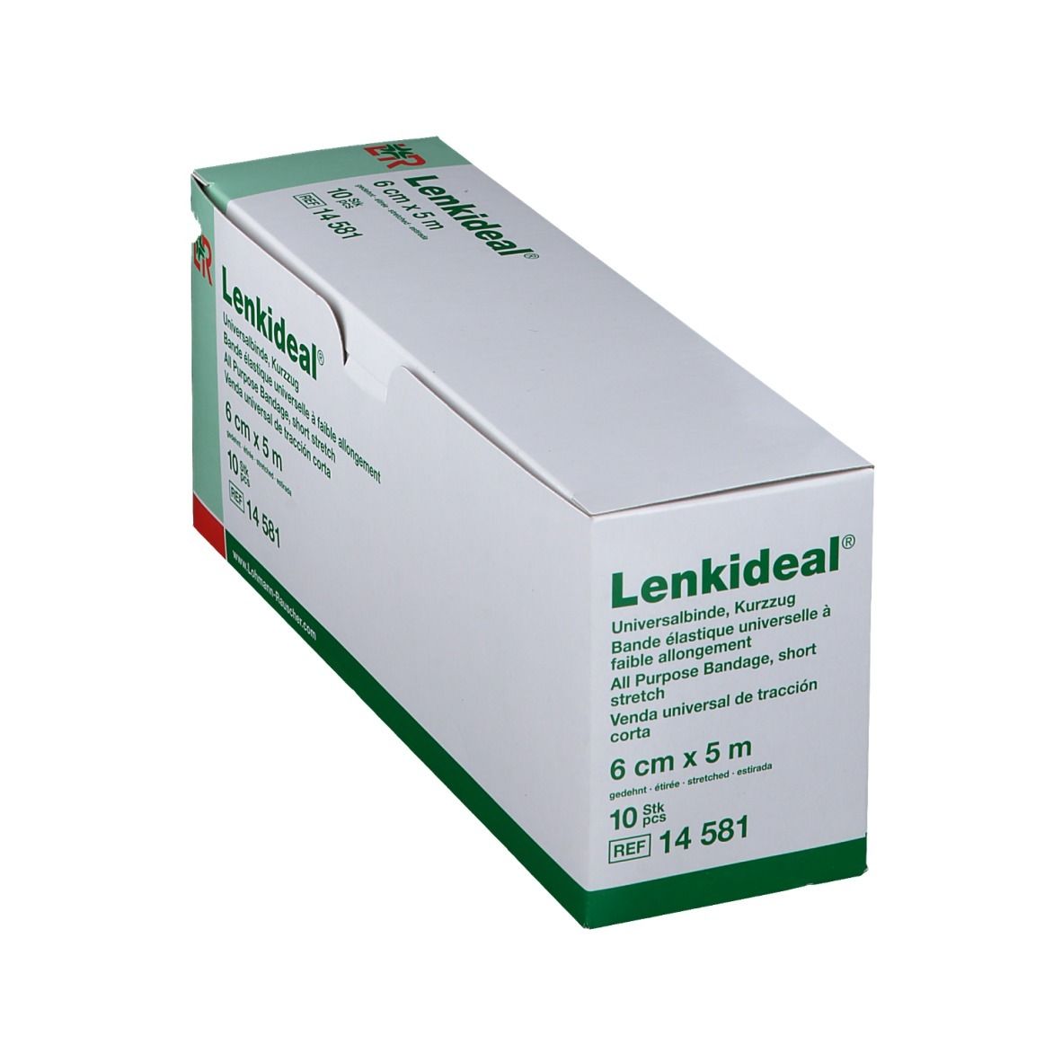 LENKIDEAL® Universalbinde Verpackung. 6 cm x 5 m. Weißer Karton mit grünen Details. Produktname und Maße sind deutlich sichtbar.