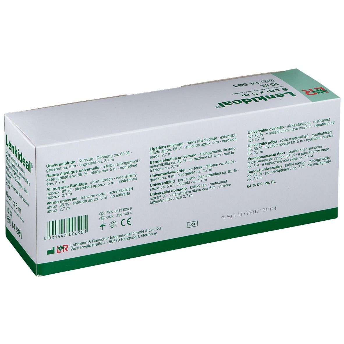 Rückseite der LENKIDEAL® Verpackung. Informationen in mehreren Sprachen. Produktname, Maße und Herstellerangaben sind sichtbar.