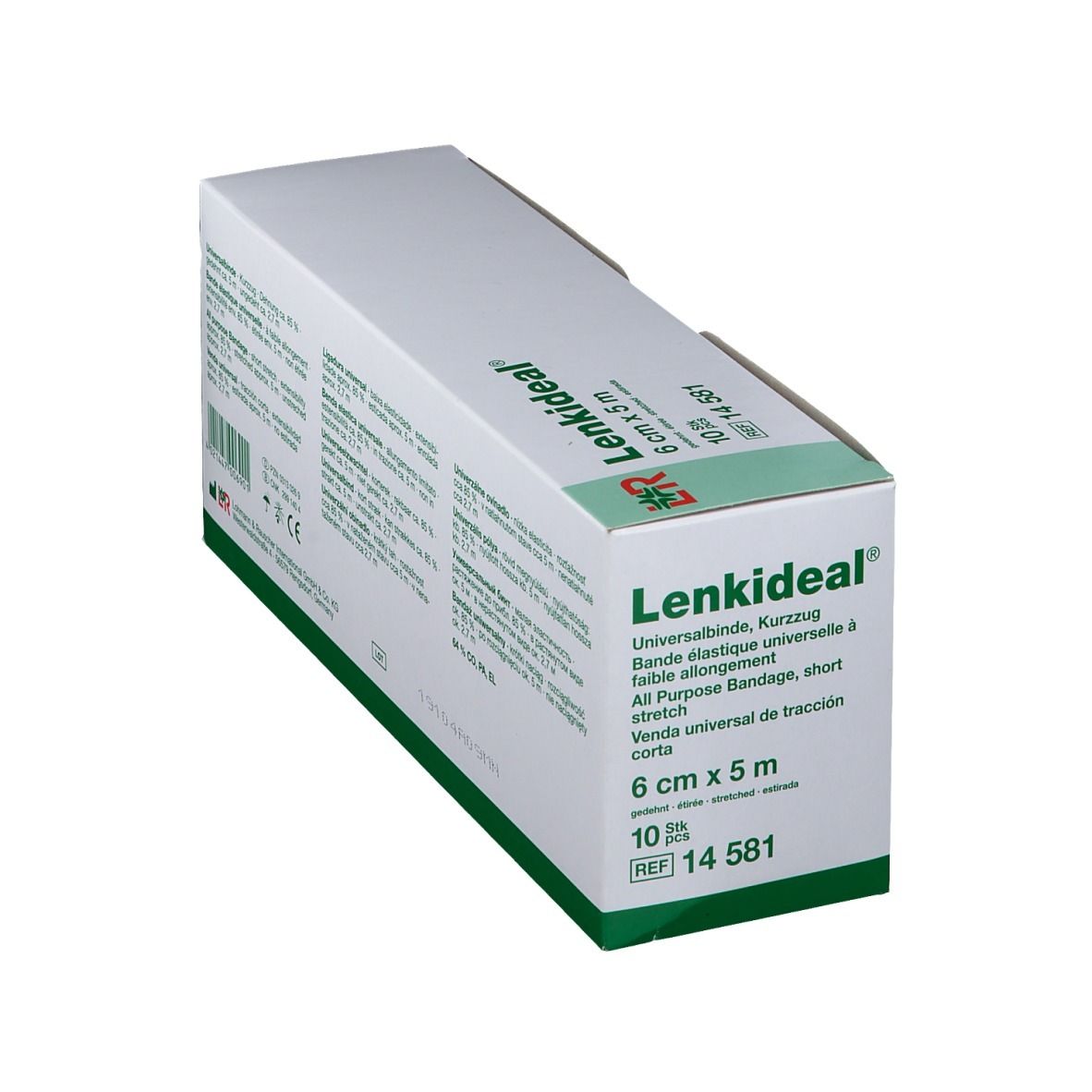 LENKIDEAL® Universalbinde Verpackung. 6 cm x 5 m. Weißer Karton mit grünen Akzenten. Produktname und Maße sind deutlich sichtbar.