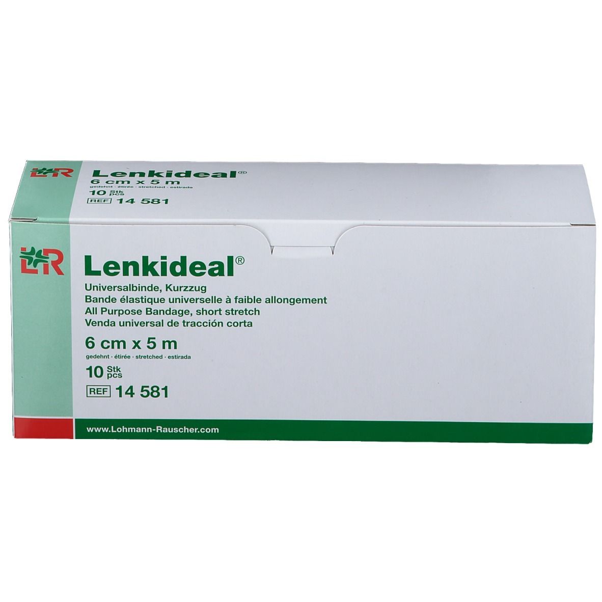 LENKIDEAL® Universalbinde Verpackung. 6 cm x 5 m. Weißer Karton mit grünen Akzenten. Produktname und Maße sind deutlich sichtbar.