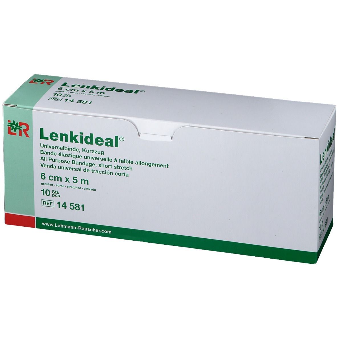 LENKIDEAL® Universalbinde Verpackung. 6 cm x 5 m. Weißer Karton mit grünen Akzenten. Produktname und Maße sind deutlich sichtbar.