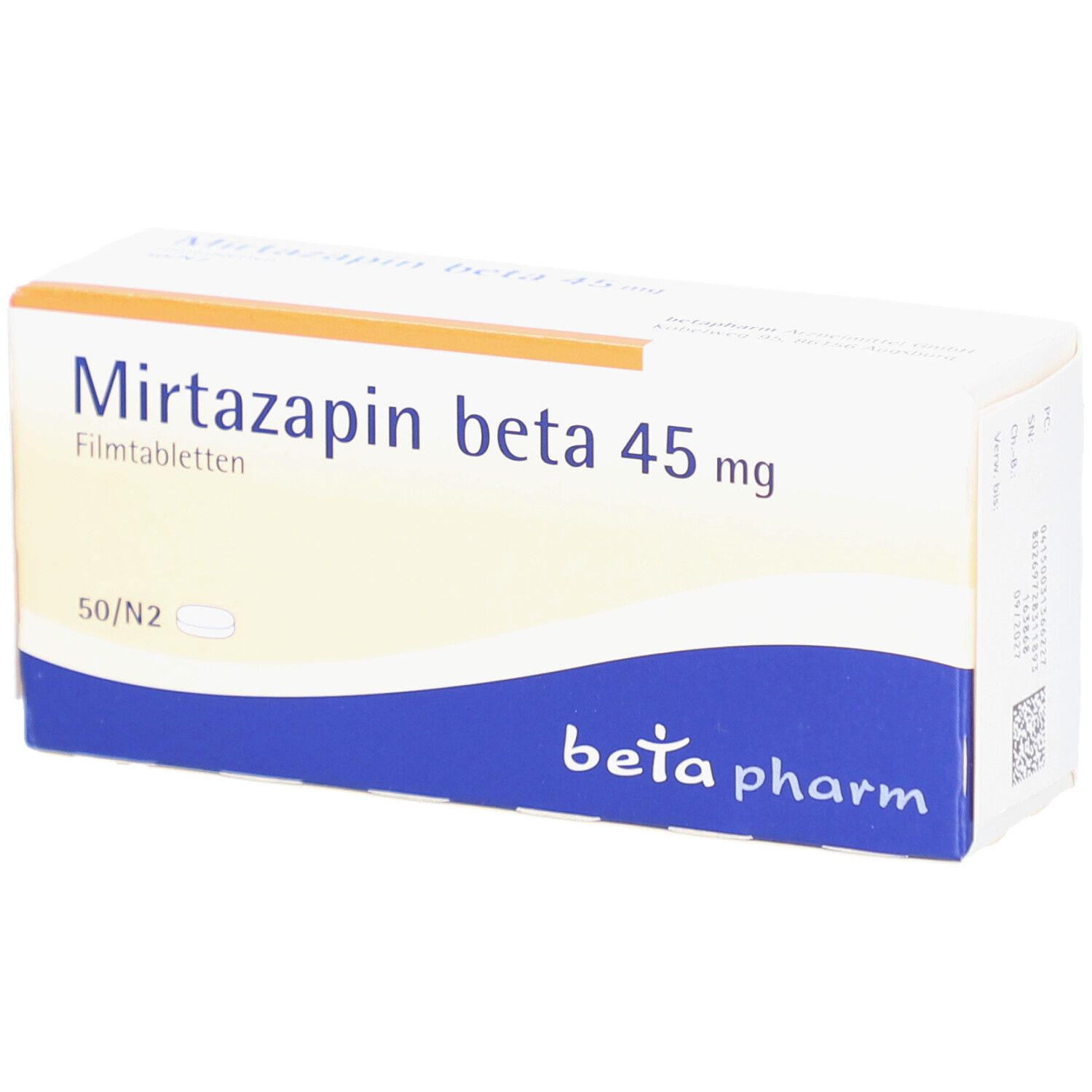 Schachtel mit Mirtazapin beta 45 mg Filmtabletten. Aufschrift: beta pharm. Weiße Schachtel mit blauen und orangen Akzenten.