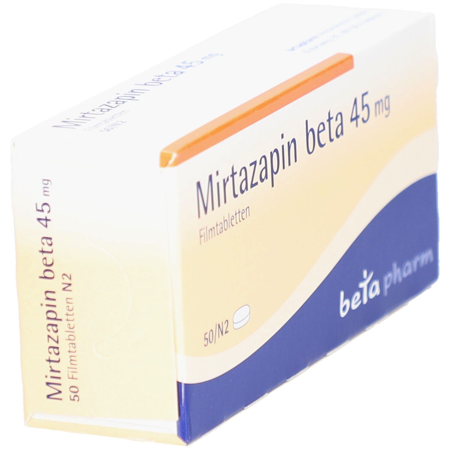 Schachtel mit Mirtazapin beta 45 mg Filmtabletten. Aufschrift: beta pharm. Weiße Schachtel mit blauen und orangen Akzenten, schräg.