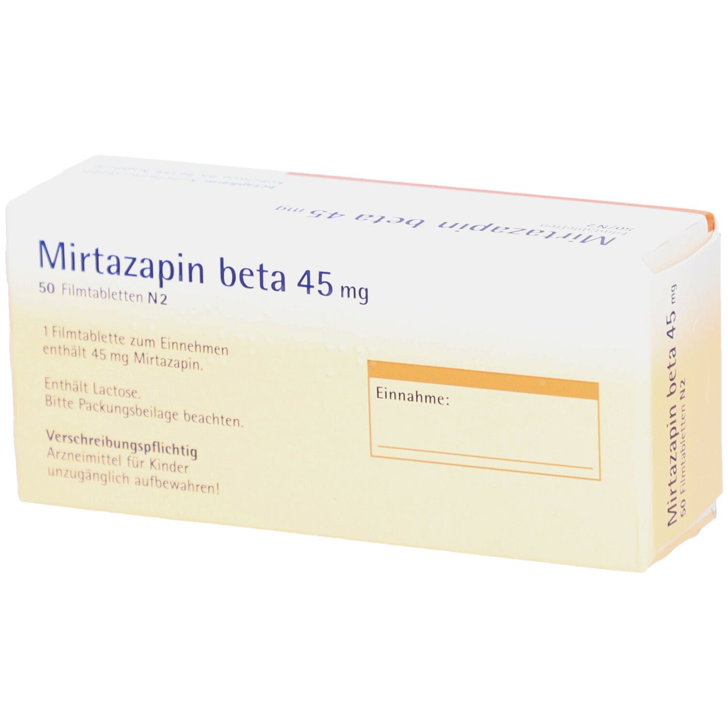 Schachtel mit Mirtazapin beta 45 mg Filmtabletten. Text und orangefarbene Akzente auf weißem Hintergrund. Rückseite mit Text.