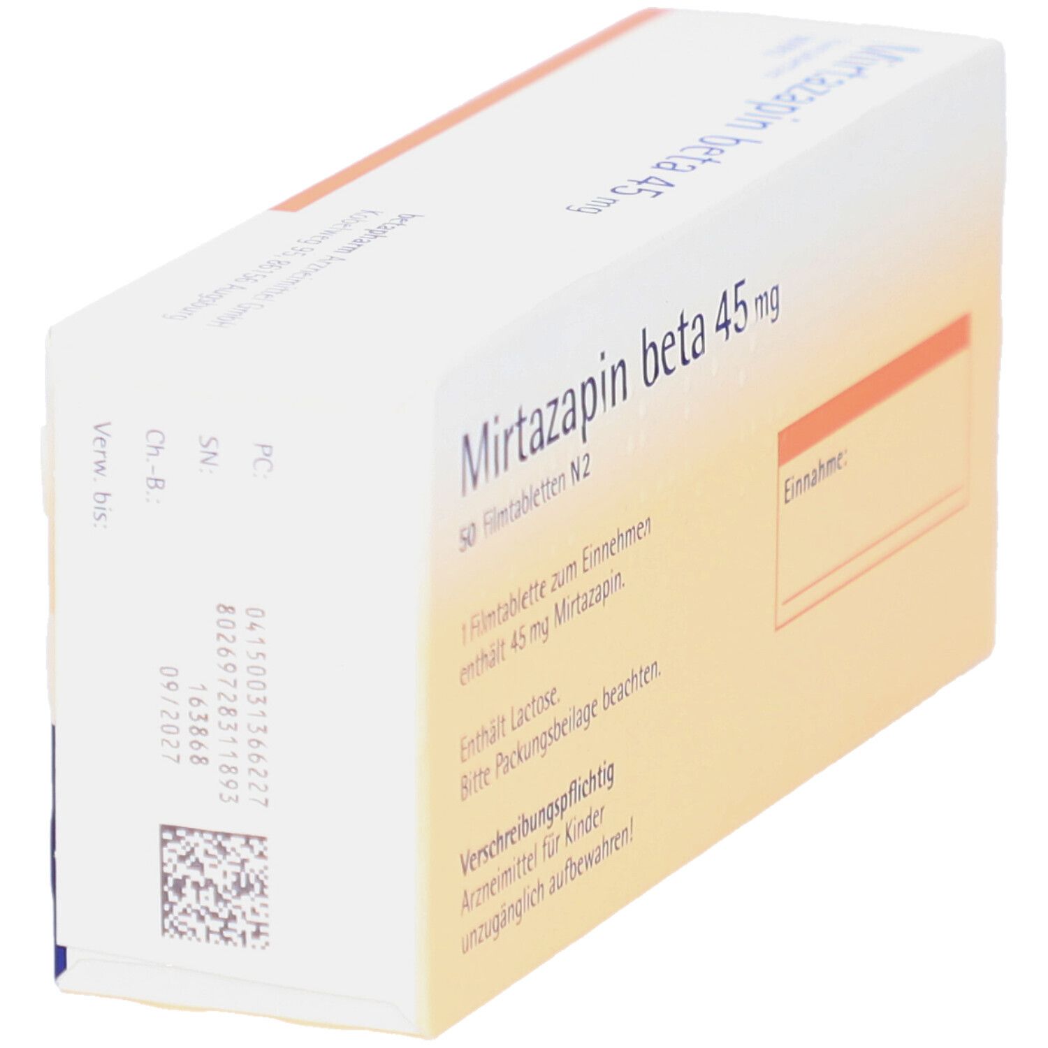 Schachtel mit Mirtazapin beta 45 mg Filmtabletten. Text und orangefarbene Akzente auf weißem Hintergrund. Rückseite mit Text.