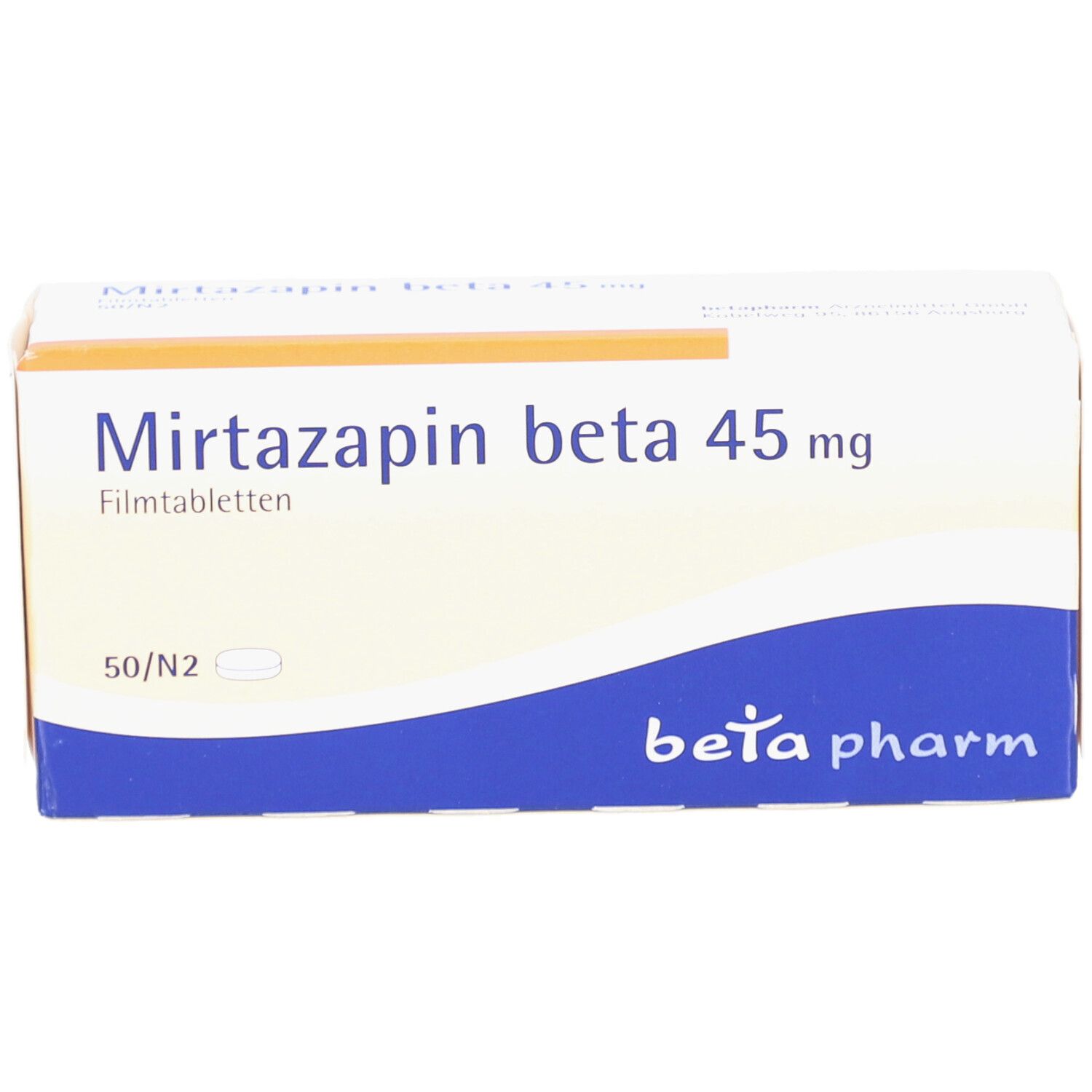 Schachtel mit Mirtazapin beta 45 mg Filmtabletten. Aufschrift: beta pharm. Weiße Schachtel mit blauen und orangen Akzenten.