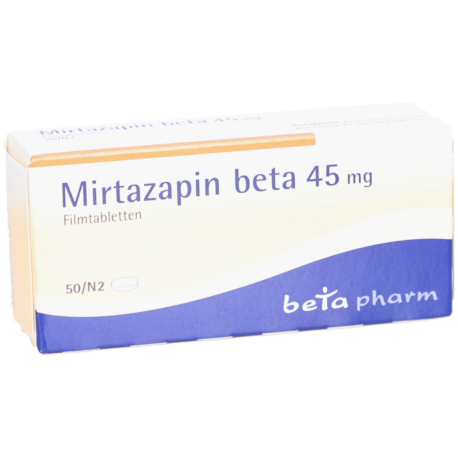 Schachtel mit Mirtazapin beta 45 mg Filmtabletten. Aufschrift: beta pharm. Weiße Schachtel mit blauen und orangen Akzenten.