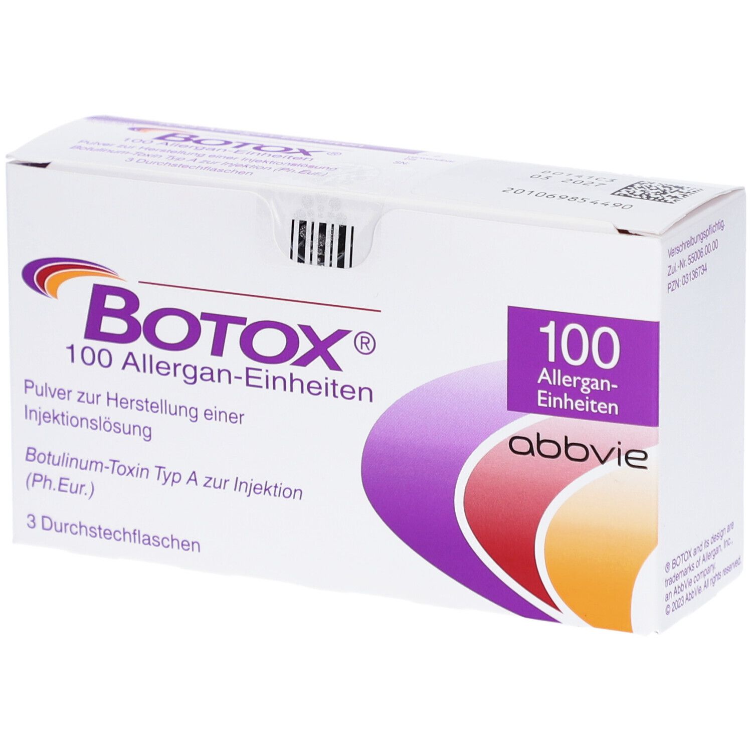 Karton mit BOTOX® 100 Allergan-Einheiten. Aufschrift: Pulver zur Herstellung einer Injektionslösung. 3 Durchstechflaschen.