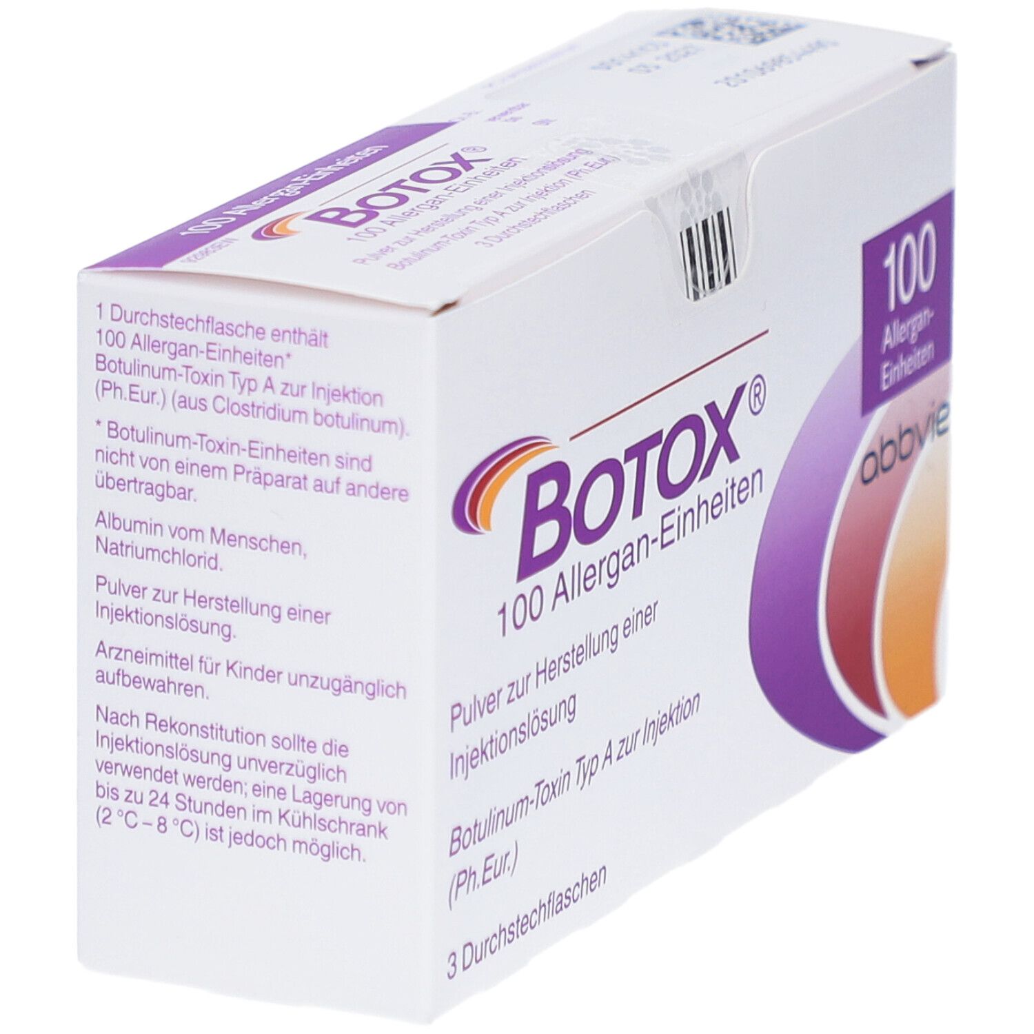 Karton mit BOTOX® 100 Allergan-Einheiten. Aufschrift: Pulver zur Herstellung einer Injektionslösung. 3 Durchstechflaschen. Inhaltsangabe.