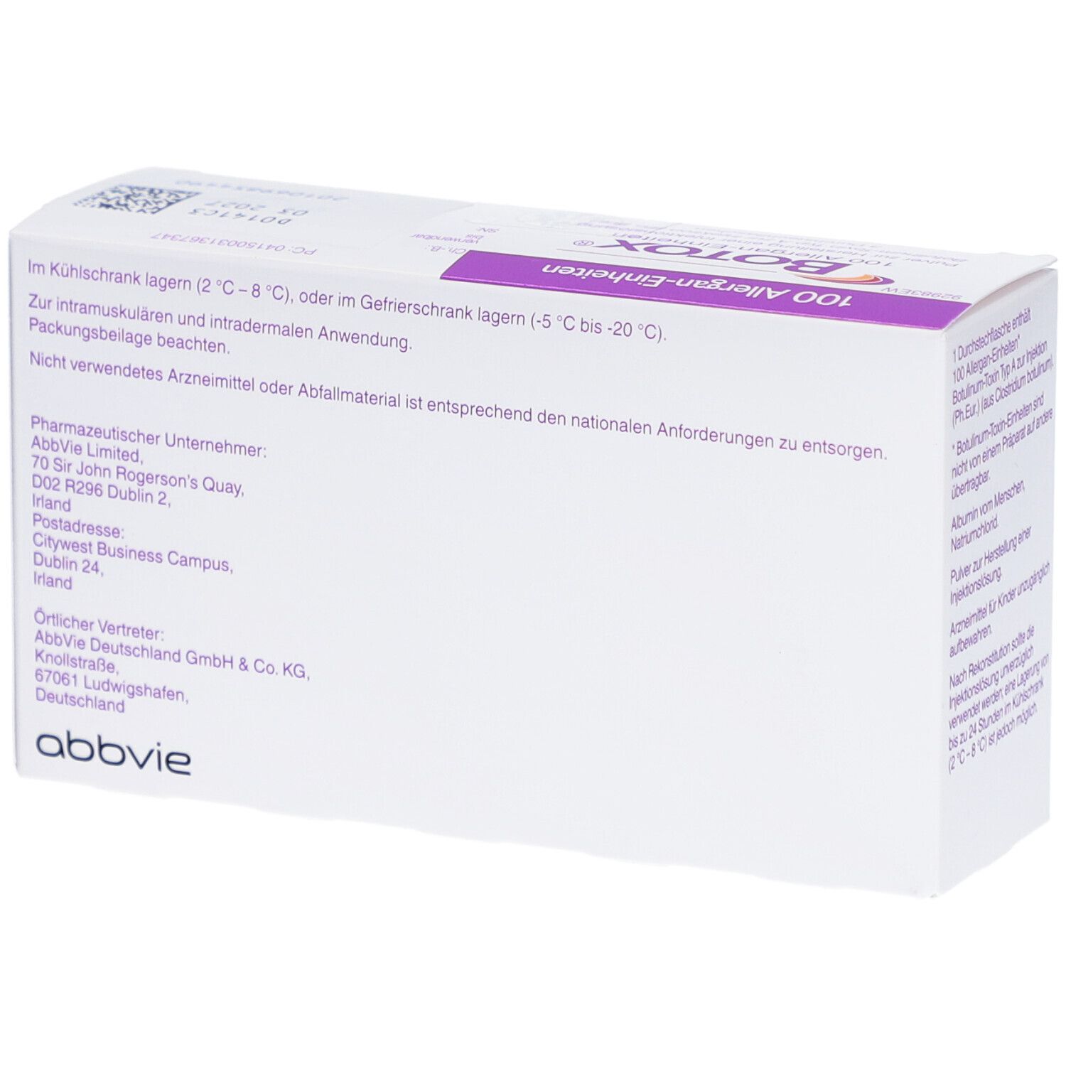 Rückseite des Kartons mit BOTOX®. Angaben zu Lagerung, Hersteller und Vertreiber.