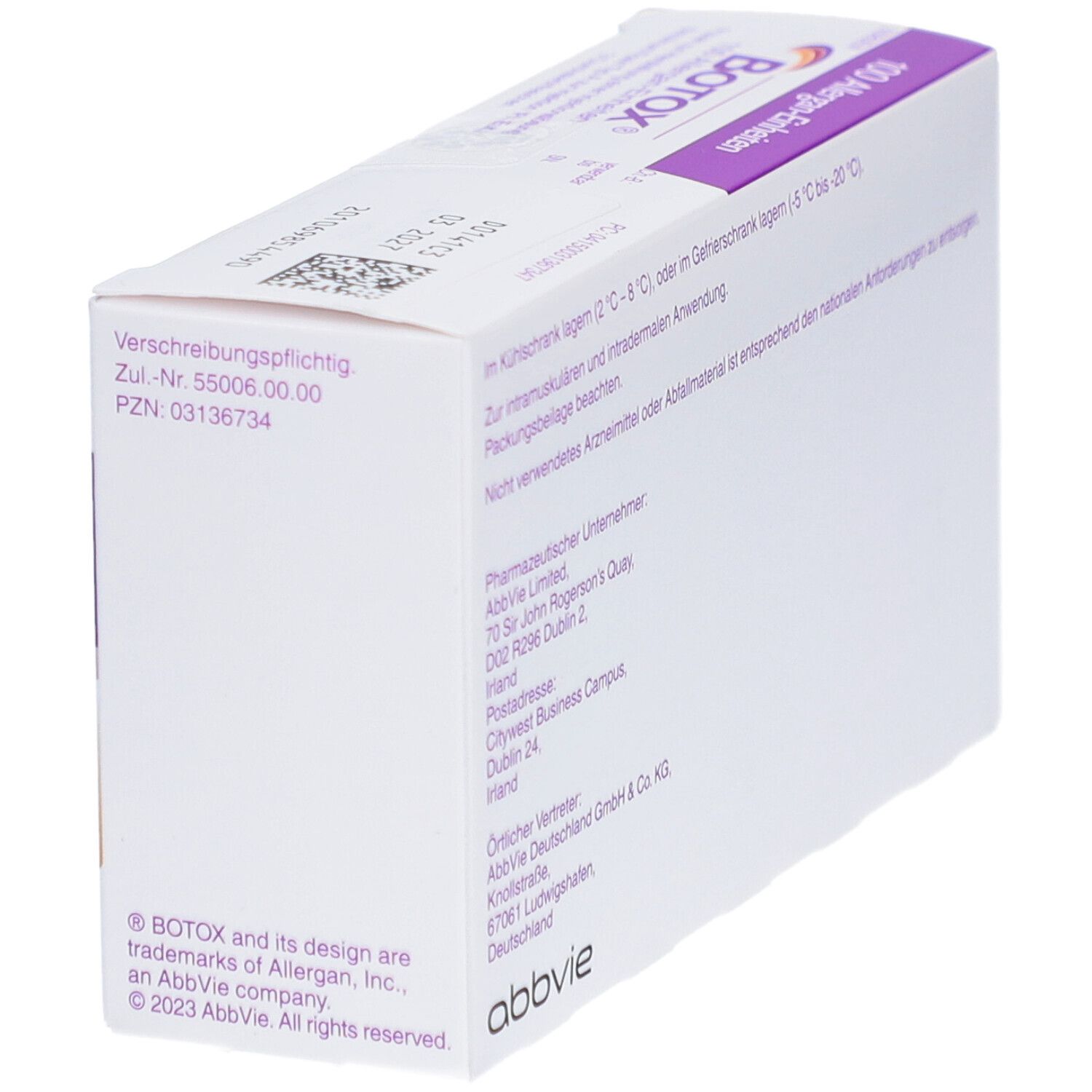 Karton mit BOTOX®. Angaben zu Zulassung, Hersteller, Adresse und Copyright.