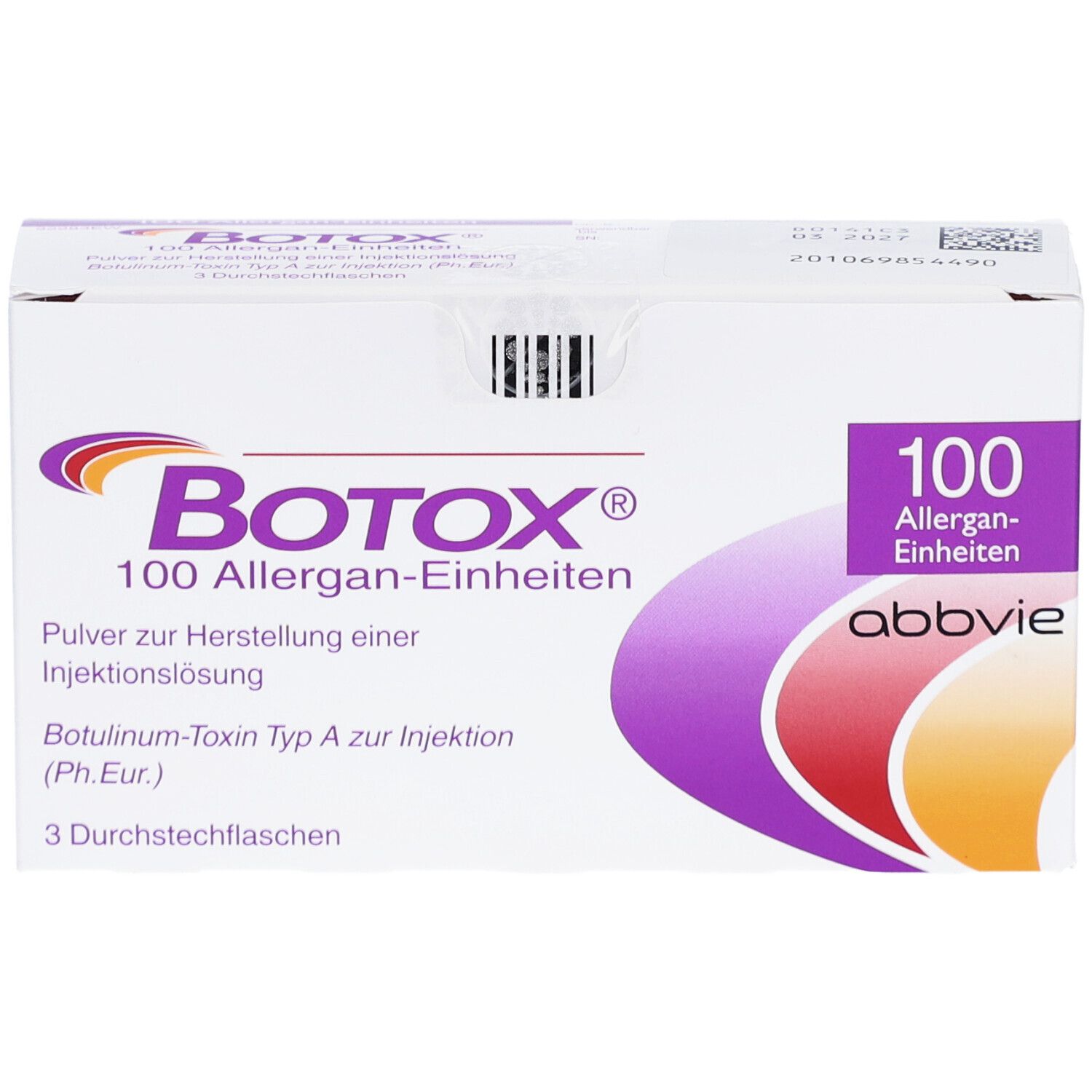 Karton mit BOTOX® 100 Allergan-Einheiten. Aufschrift: Pulver zur Herstellung einer Injektionslösung. 3 Durchstechflaschen.