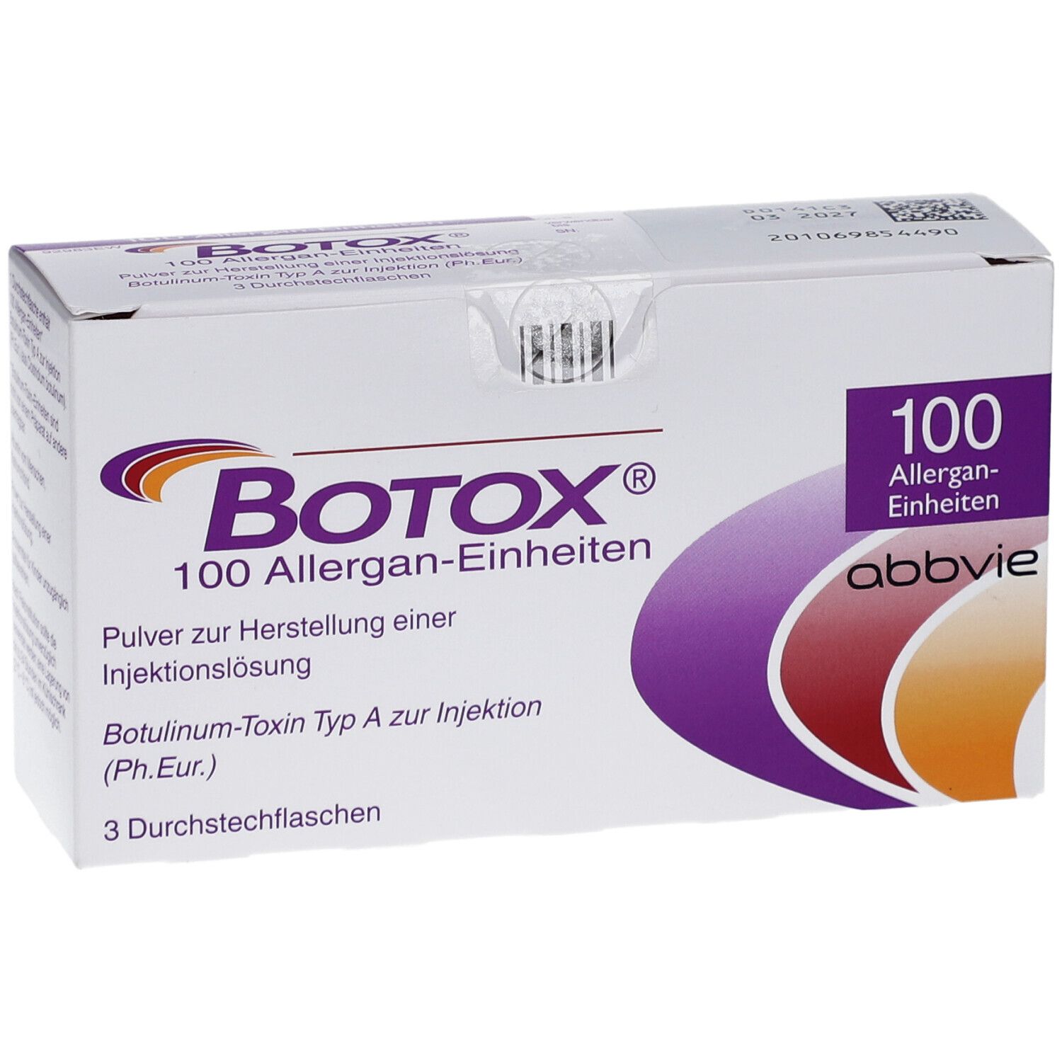 Karton mit BOTOX® 100 Allergan-Einheiten. Aufschrift: Pulver zur Herstellung einer Injektionslösung. 3 Durchstechflaschen.