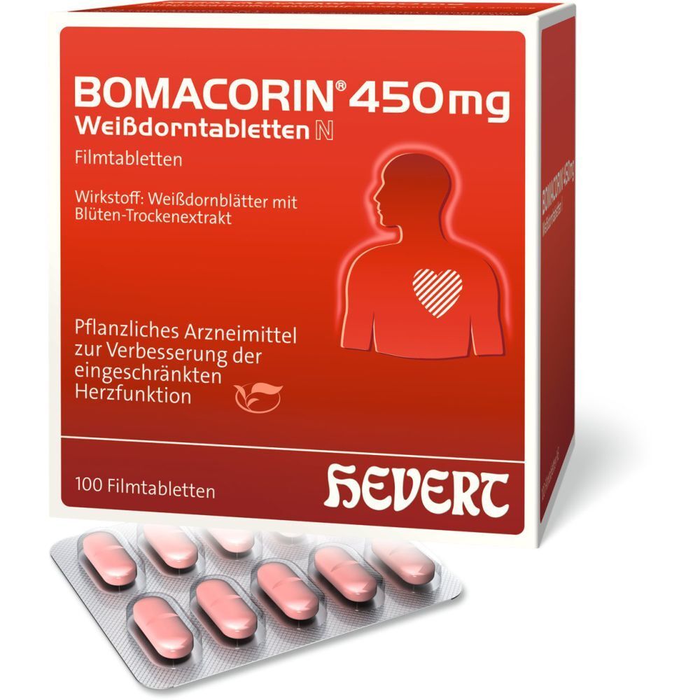 Packung BOMACORIN® 450 mg Weissdorntabletten N mit Tablettenblister. Rote Schachtel mit Produktinformationen und Herzsymbol. 100 Filmtabletten.