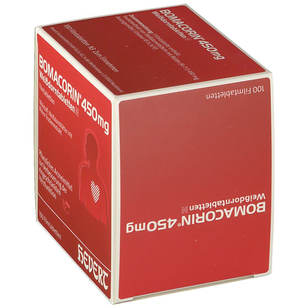Rote Schachtel BOMACORIN® 450 mg Weissdorntabletten N. Produktname, Informationen und Herzsymbol auf der Verpackung. 100 Filmtabletten.