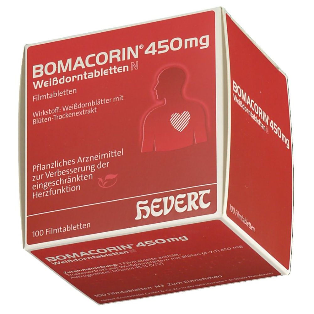 Rote Schachtel BOMACORIN® 450 mg Weissdorntabletten N. Produktname, Informationen und Herzsymbol. 100 Filmtabletten. SEVERT-Logo.