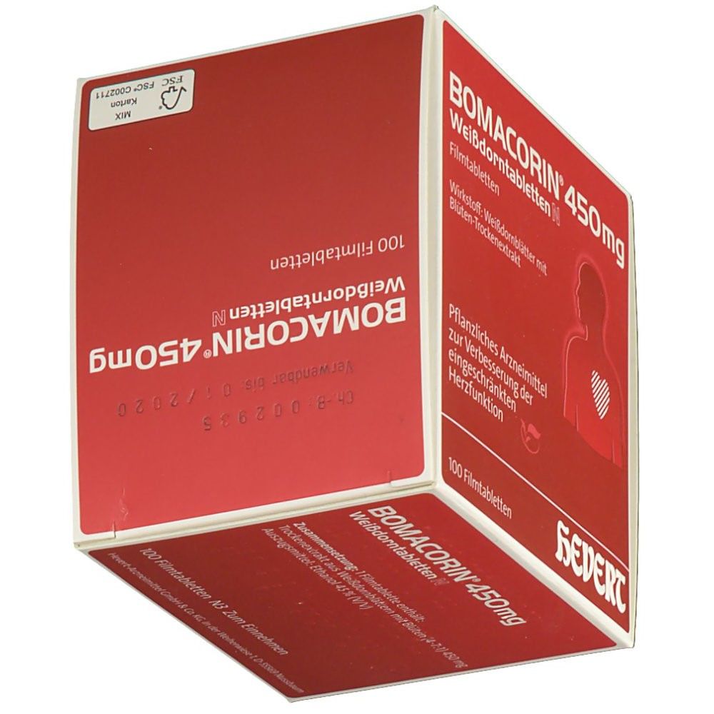 Rote Schachtel BOMACORIN® 450 mg Weissdorntabletten N. Produktname, Informationen und Herzsymbol. 100 Filmtabletten. SEVERT-Logo.